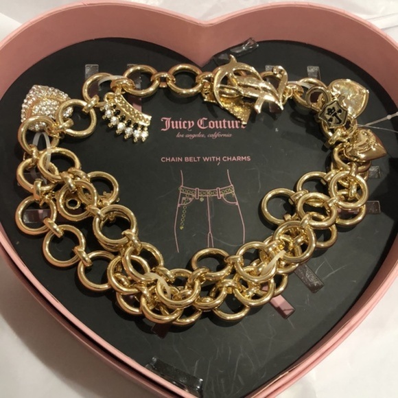 Juicy Couture gold plated chain belt with charms in pink heart shaped box nrw - Picture 1 of 16